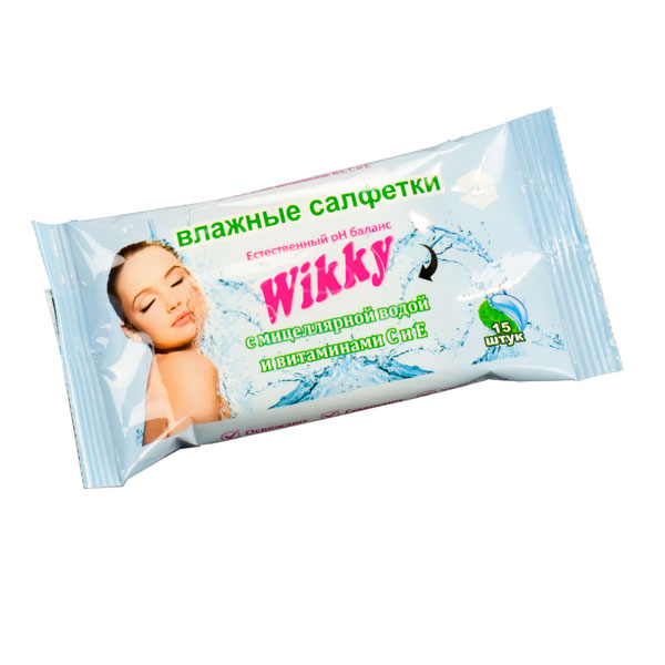 Салфетки влажные Wikky *15 ""С мицеллярной водой и витаминами С и Е»