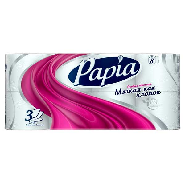 Т/Бумага PAPIA Белая 3сл /8рул/7бл. в уп