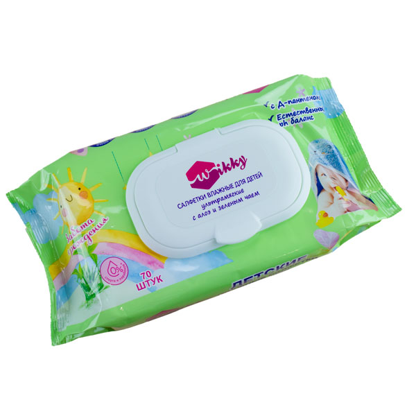 Салф.влажные "Детские"  ультрамягкие с Алоэ и зеленым чаем с клапаном 70 шт Wikky 