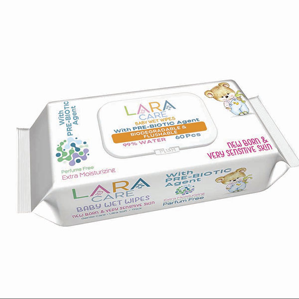 Влажные салфетки LARA CARE BABY 60 шт. Пребиотические, биоразлогаемые, смывающиеся.
