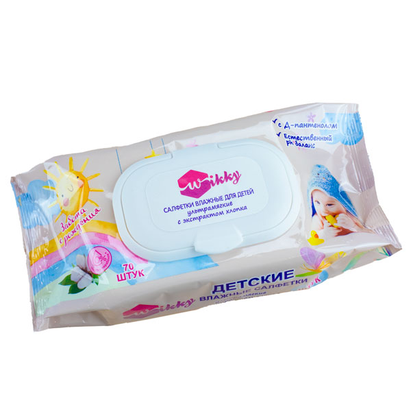 Салф.влажные "Детские" ультрамягкие с экстрактом хлопка с клапаном 70 шт Wikky