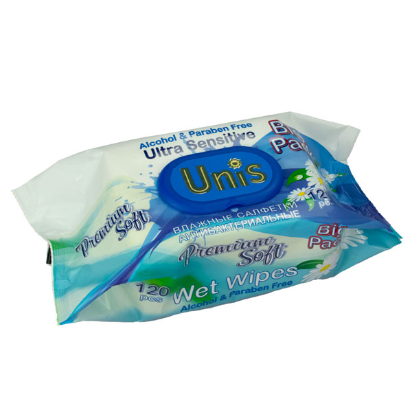 Салфетки влажные 120 шт. универсальные для всей семьи с экстрактом ромашки с клапаном ТМ Unis