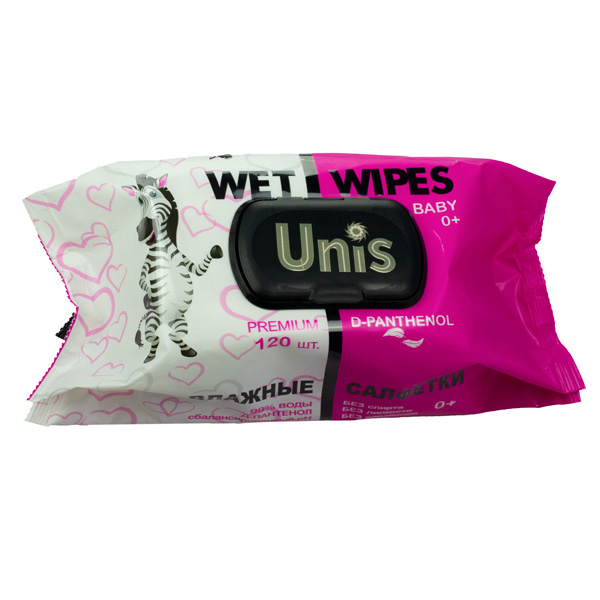 Салфетки влажные 120 шт. для детей c Д-пантенолом клапан ТМ Unis